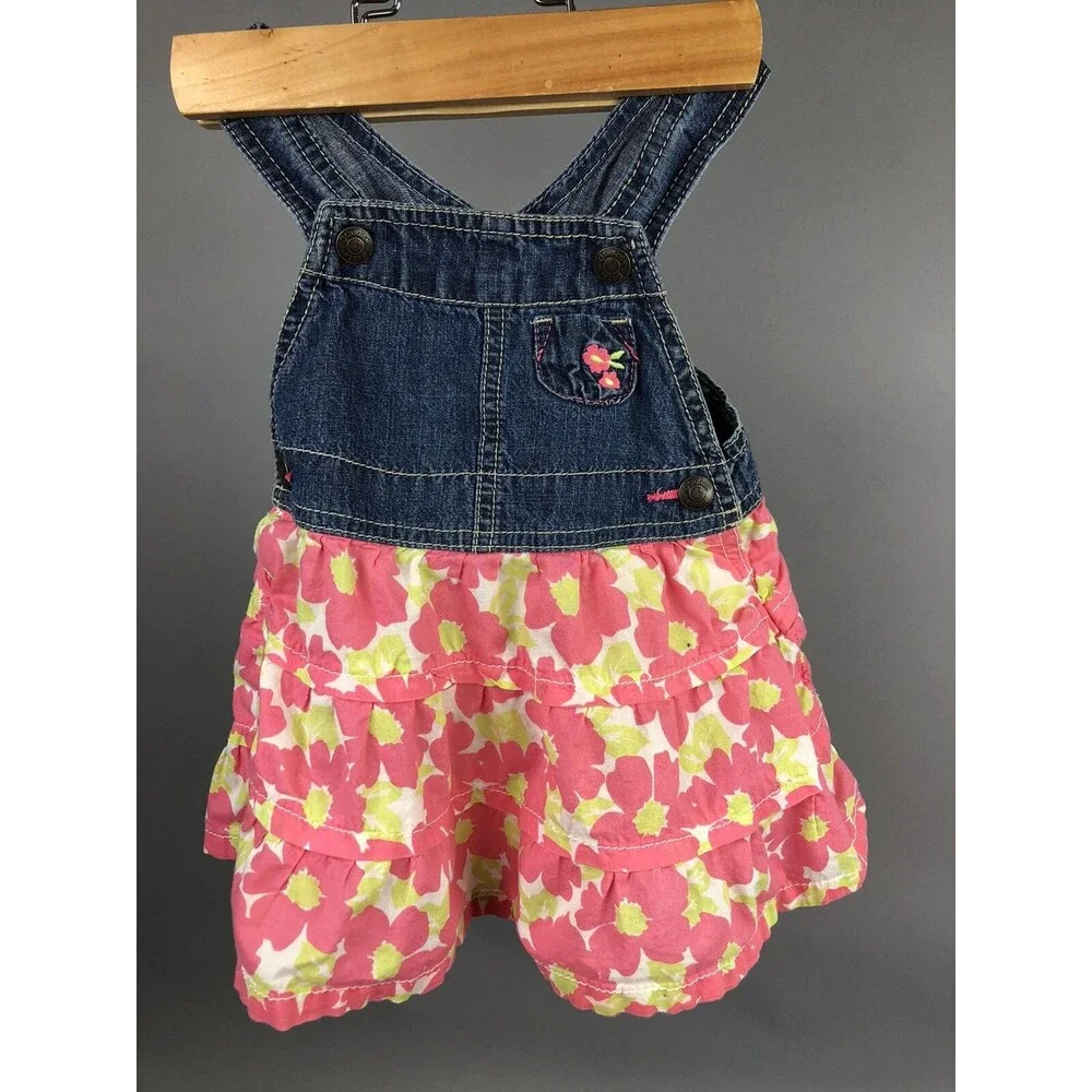 Oshkosh B'gosh Girls 18 Months Vestback Dress Denim Tiered Pink Floral Gift